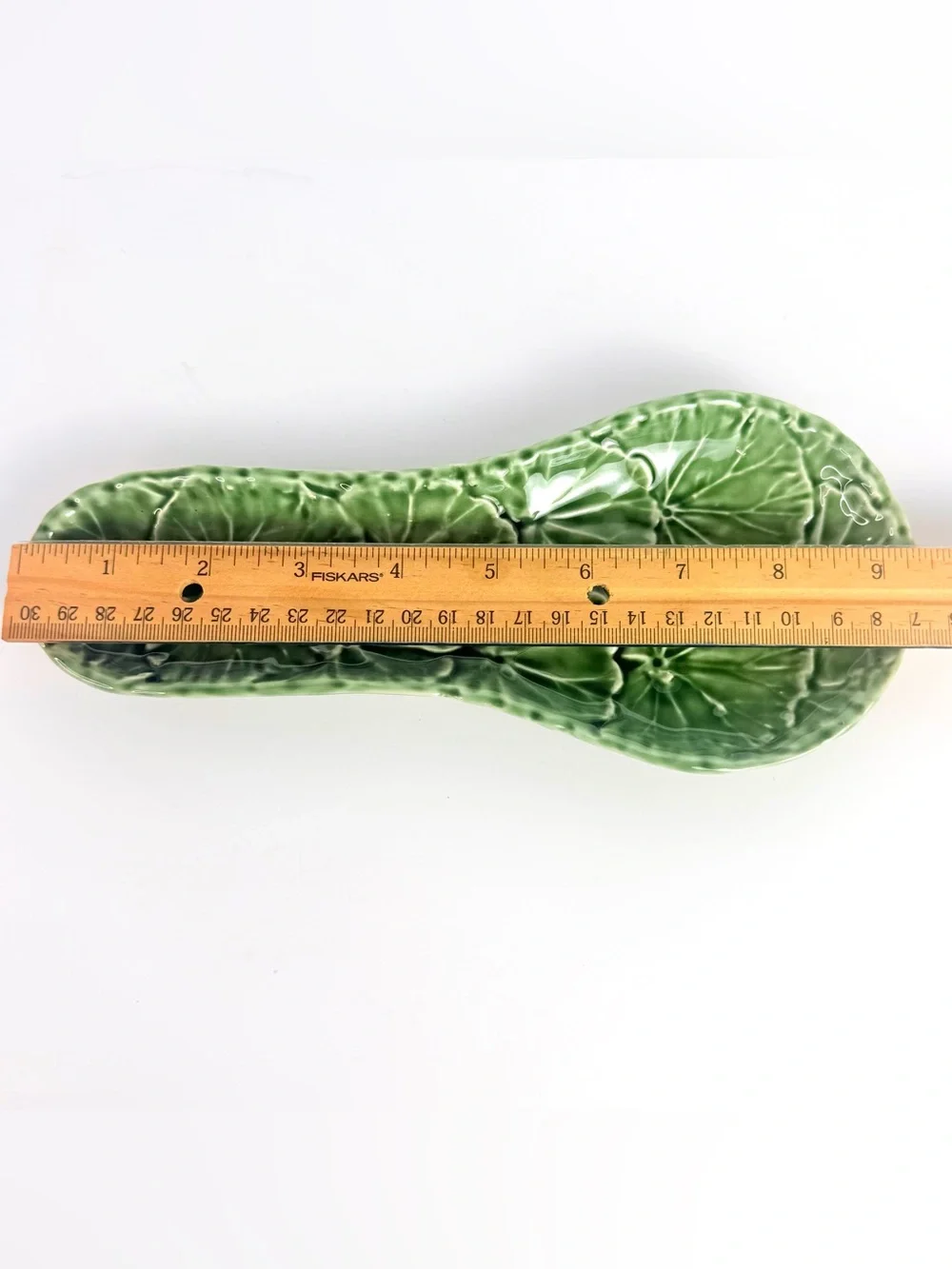 Vintage Ceramic Spoon Rest Olfaire Green Glazed Majolica Leaf Portugal Made